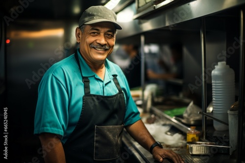 The man is the owner of a fast food truck. Top profession concept. Portrait with selective focus and copy space