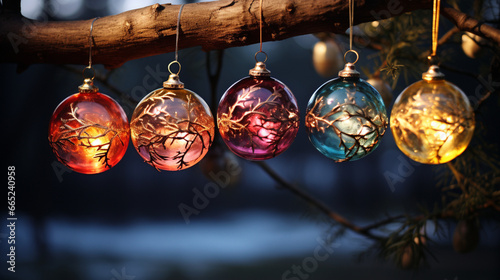 five Christmas balls hang on a branch with lights