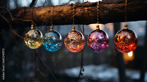 five Christmas balls hang on a branch with lights