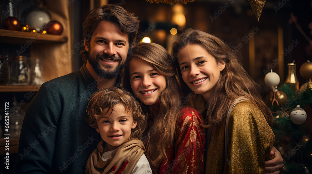 A high-resolution 4K portrait Portrait of a Young, Happy and Smiling family on Christmas Holiday at Home cherishing the moment with a heartfelt selfie with little daughter.