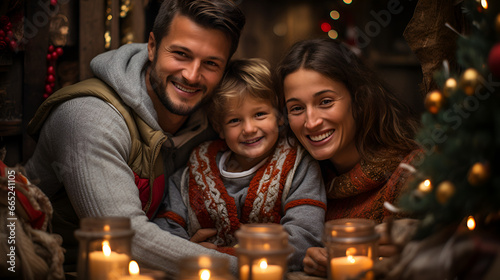 A high-resolution 4K portrait Portrait of a Young, Happy and Smiling family on Christmas Holiday at Home cherishing the moment with a heartfelt selfie with little daughter.