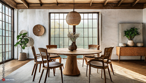 Chairs around rustic round wood dining table. Japandi interior design of modern dining room