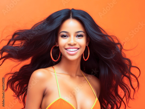 A young, beautiful Brazilian woman with an afro hairstyle wearing an orange bikini top, standing in front of an orange background. She has a confident and elegant pose and a very nice body.