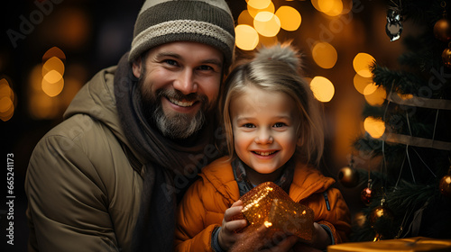A high-resolution 4K portrait Portrait of a Young, Happy and Smiling family on Christmas Holiday at Home cherishing the moment with a heartfelt selfie with little daughter. photo