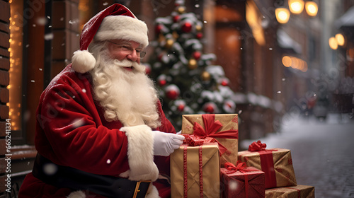 An HQ Photo of Santa Claus Giving Christmas Gifts. Heartwarming and Happy moment