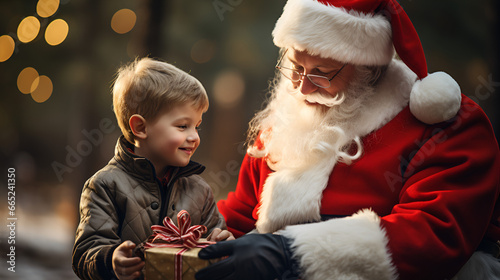 An HQ Photo of Santa Claus Giving Christmas Gifts to a young excited and smiling child. Heartwarming and Happy moment
