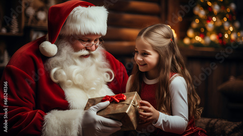 An HQ Photo of Santa Claus Giving Christmas Gifts to a young excited and smiling child. Heartwarming and Happy moment