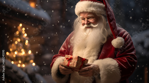An HQ Photo of Santa Claus Giving Christmas Gifts. Heartwarming and Happy moment photo