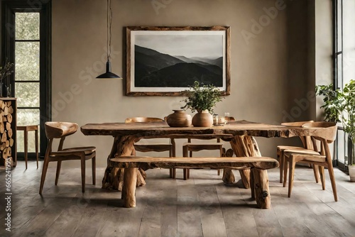 Rustic live edge dining table and wooden log chairs against beige wall with big art poster frame. Farmhouse, japandi interior design of modern dining room