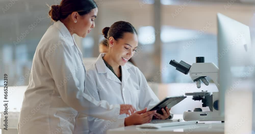 Scientist, women and teamwork on tablet and computer for laboratory advice, medical research and night planning. Students, science people or mentor on digital technology of test results or comparison