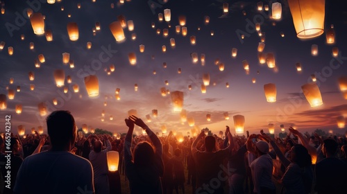 During the Lantern Festival in Asian countries, many people are setting off lanterns to pray for blessings photo