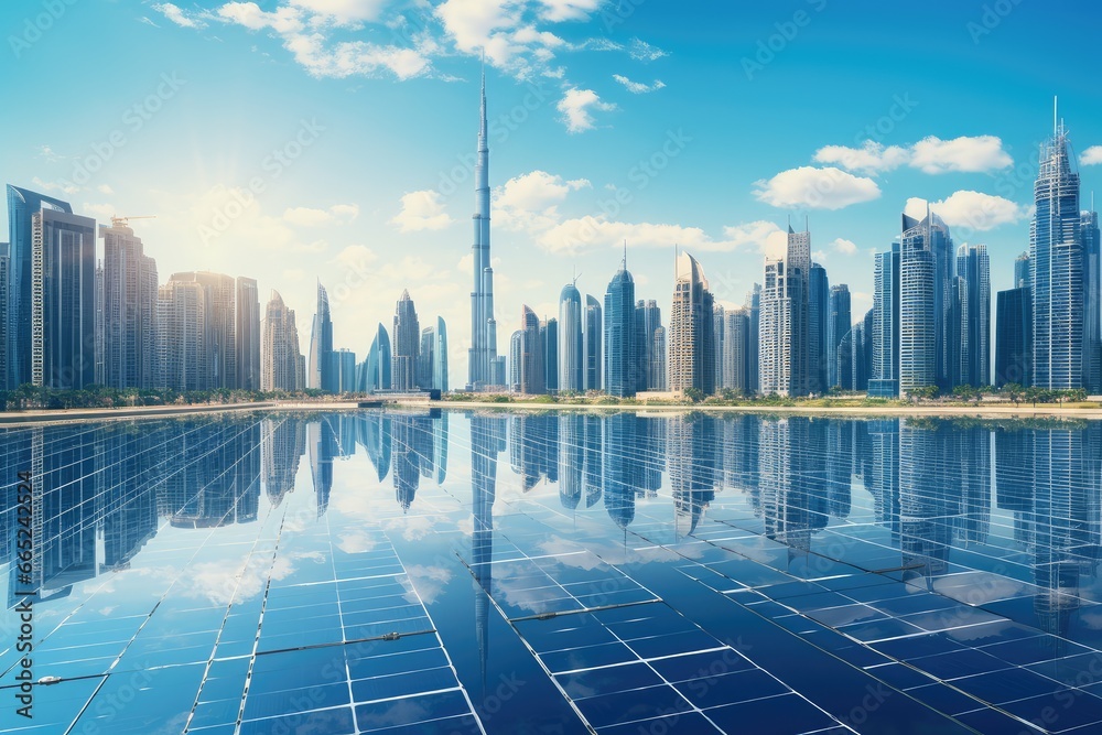 Photovoltaic power generation and modern large cities in the distance Photovoltaic power generation and modern large cities in the distance