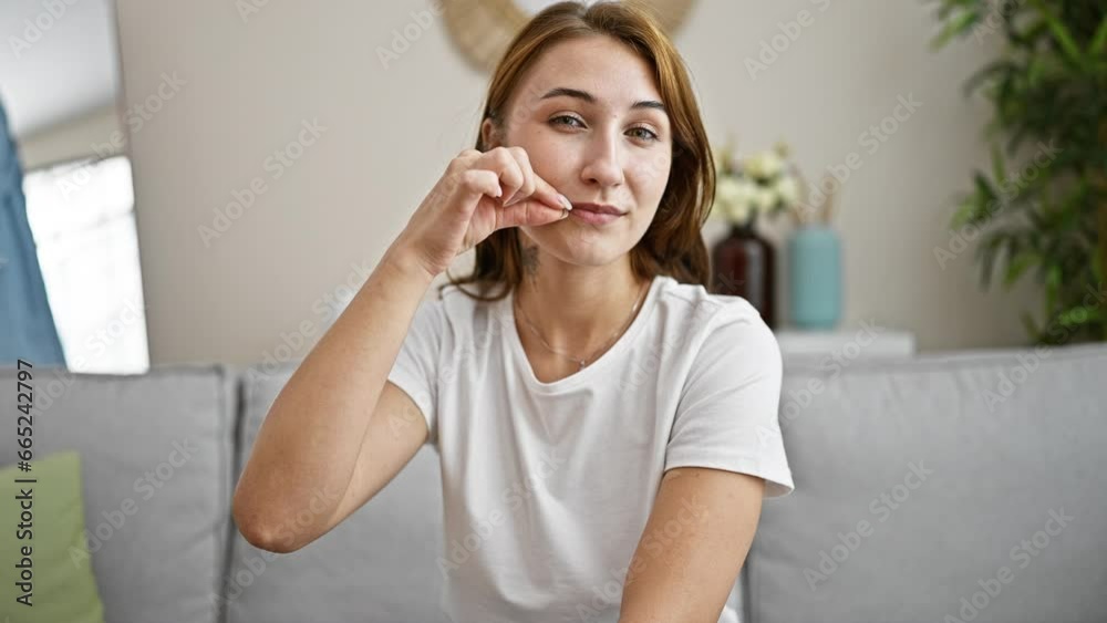 Young woman sitting on sofa doing silent gesture at home Young woman sitting on sofa doing silent gesture at home