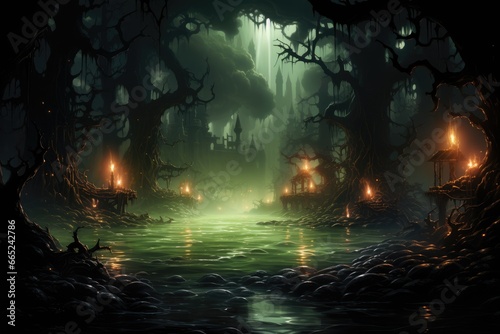 Cursed swamp with will-o -the-wisps.