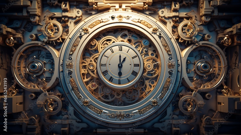 A 3D frame resembling an intricate clock mechanism, frozen in time.