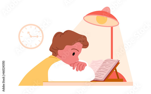 Tired child studying at table overtime vector illustration. Cartoon isolated scene of kids late reading at home desk at night, tired sleeping boy student sitting under light of lamp to read paper book