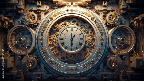 A 3D frame resembling an intricate clock mechanism, frozen in time.