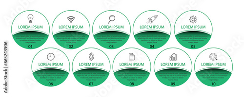 ten step infographic, simple design, lines, colors, icons, 10 parts, suitable for your business presentation