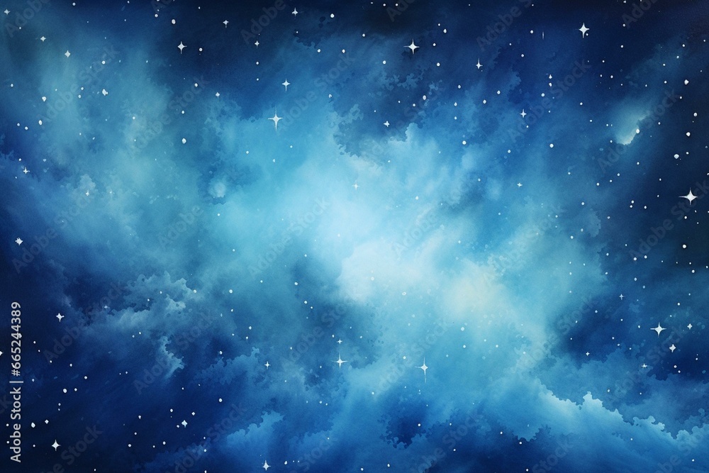 A watercolor artwork depicting a beautiful light blue galaxy and deep space. Generative AI