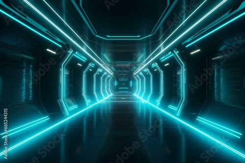 Futuristic spaceship s corridor with neon lights in a dark tunnel. Metallic glossy showroom on empty stage. 3D rendering. Generative AI