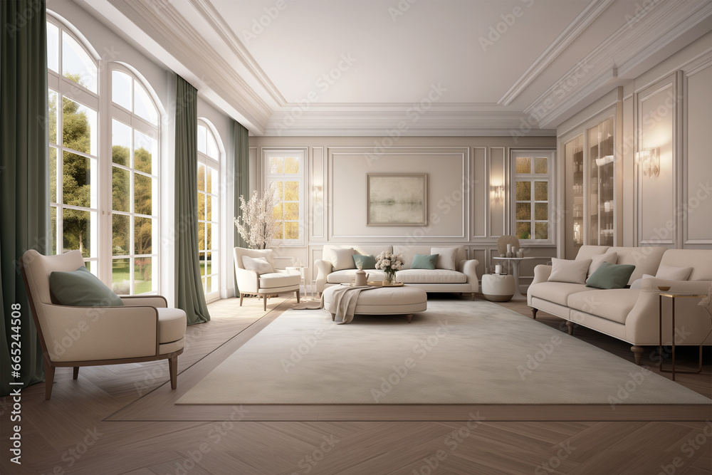 Interior design. Large minimalistic classic light living room. AI Interior design. Large minimalistic classic light living room. AI