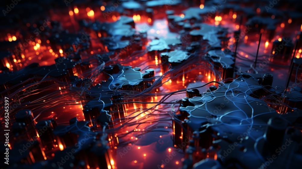 A close up of computer hardware, red and blue colors. Generative AI. A close up of computer hardware, red and blue colors. Generative AI.