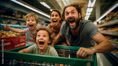 A joyful family with a shopping cart for Discounts offers at the supermarket photo