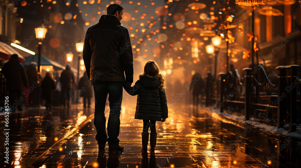 A father and child in the city square at night, winter season, happy holidays. 