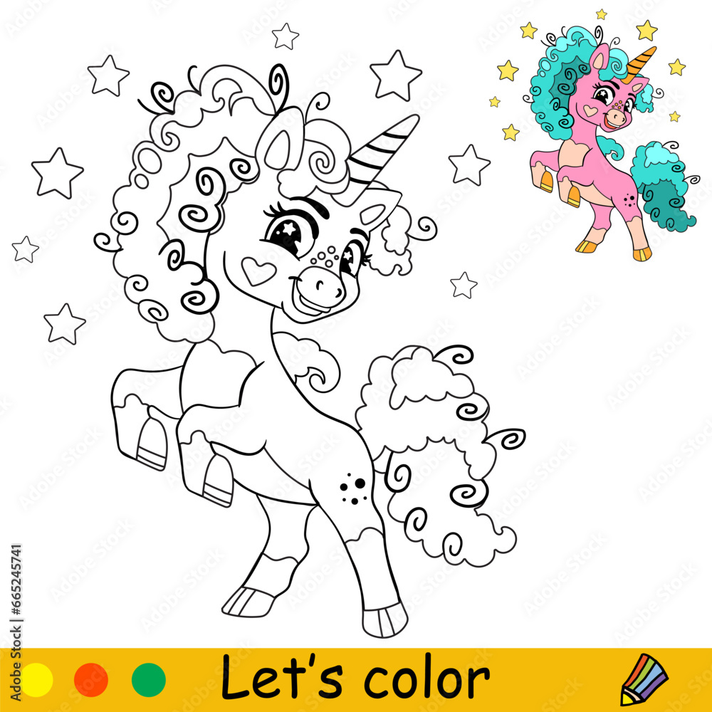 Obraz premium Dancing cartoon cute unicorn kids coloring book page