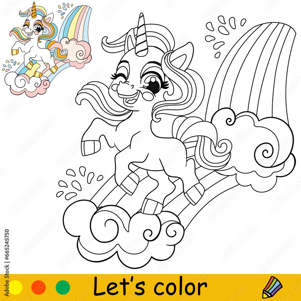 Baby cartoon cute unicorn with a rainbow kids coloring book page