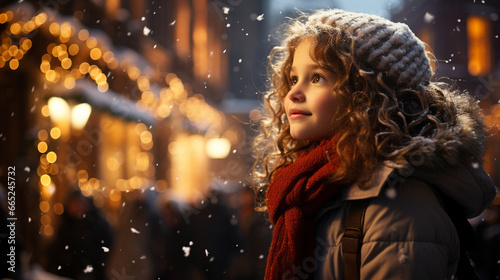 A side profile of girl child standing in the city, snow in the city square, christmas market, winter season, happy holidays. 