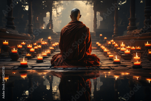 Asian monk in a Buddhist temple. Religious concept. 