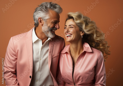 Beautiful gorgeous 50s middle aged elderly senior model couple with grey hair laughing and smiling. Mature old man and woman close up portrait. 