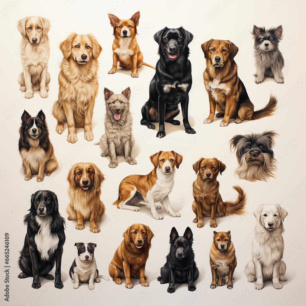 knolling of dogs on white background. 
