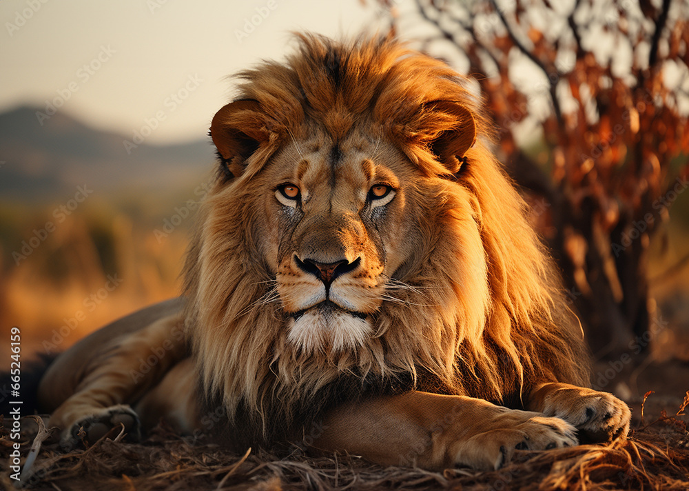 Lion Portrait On Savanna. safari photography light. 