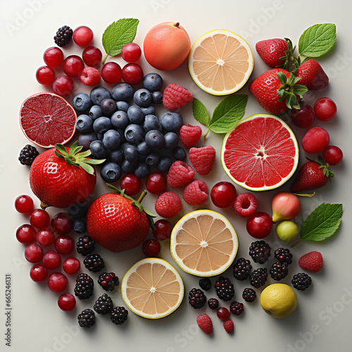 knolling of Summer fruits on white background. 