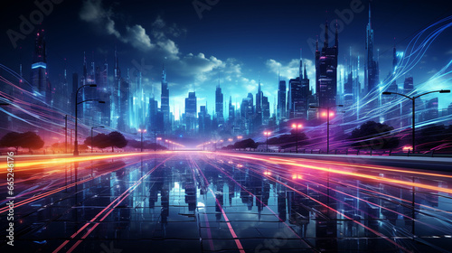 Street in city, 3D buildings, 3D digital twins, neon lines in cyan and violet. © artpritsadee