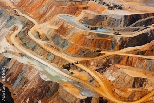 Aerial view of mining quarry with terraces and excavation. Extractive industry. Generative AI photo