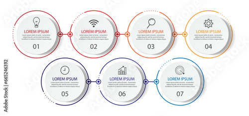seven step infographic, simple design, lines, colors, icons, 7 parts, suitable for your business presentation