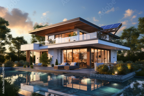 futuristic generic smart home with solar panels rooftop system for renewable energy concepts as wide banner with copyspace area.  © artpritsadee