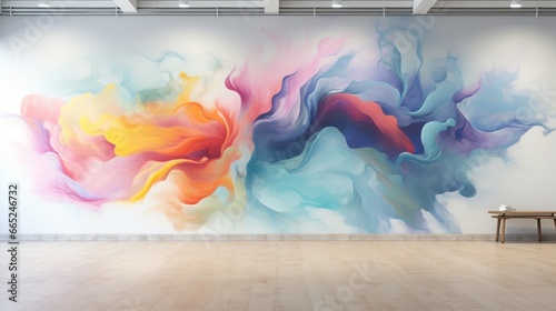 Produce a visually striking 3D abstract mural with a surreal blend of colors, creating an ethereal atmosphere against a spotless white wall.