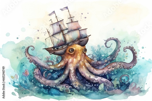 Cute kraken in watercolor illustration, concept of Underwater Fantasy