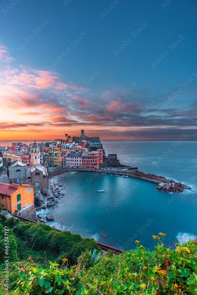 Panoramic view of the city of Vernazza at sunset, Cinque Terre, Liguria, Italy