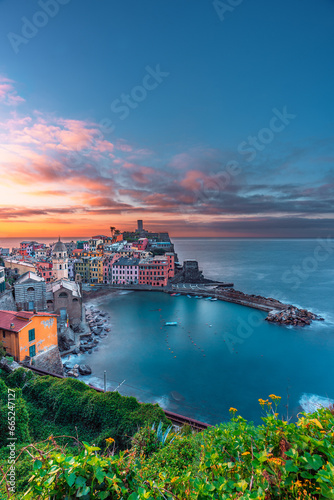 Panoramic view of the city of Vernazza at sunset, Cinque Terre, Liguria, Italy