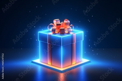 Box with glowing light, opens magically, surprise idea, prize drawing, secret present, packaging mockup, sale, 3D illustration. Generative AI
