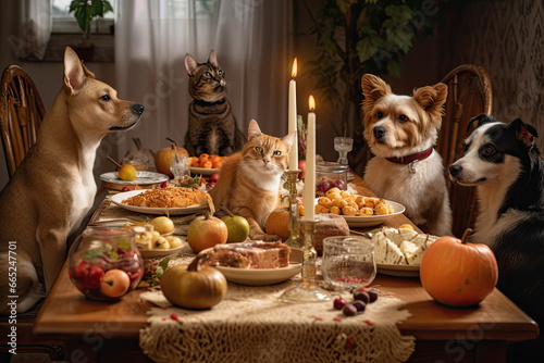 Dogs and Cats Sitting Around a Holiday Meal Table Generative AI