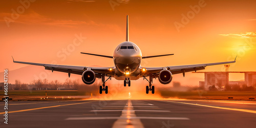 A commercial aircraft ascending into the sky from a busy airport