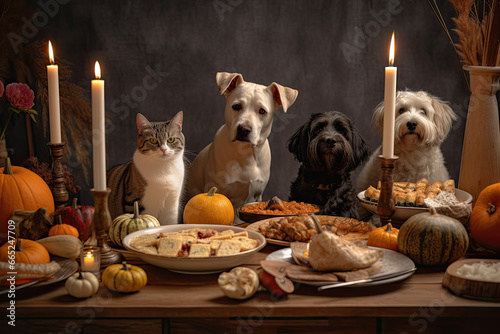 Dogs and Cats Sitting Around a Holiday Meal Table Generative AI Fototapeta