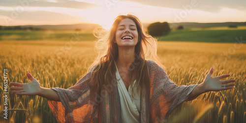 A joyful woman embracing the freedom of nature in a golden wheat field photo