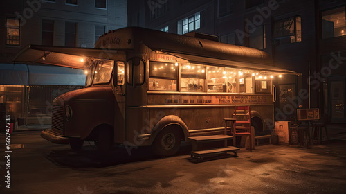 Vintage Bus truned into a food truck - night time urban scene - illustrative AI